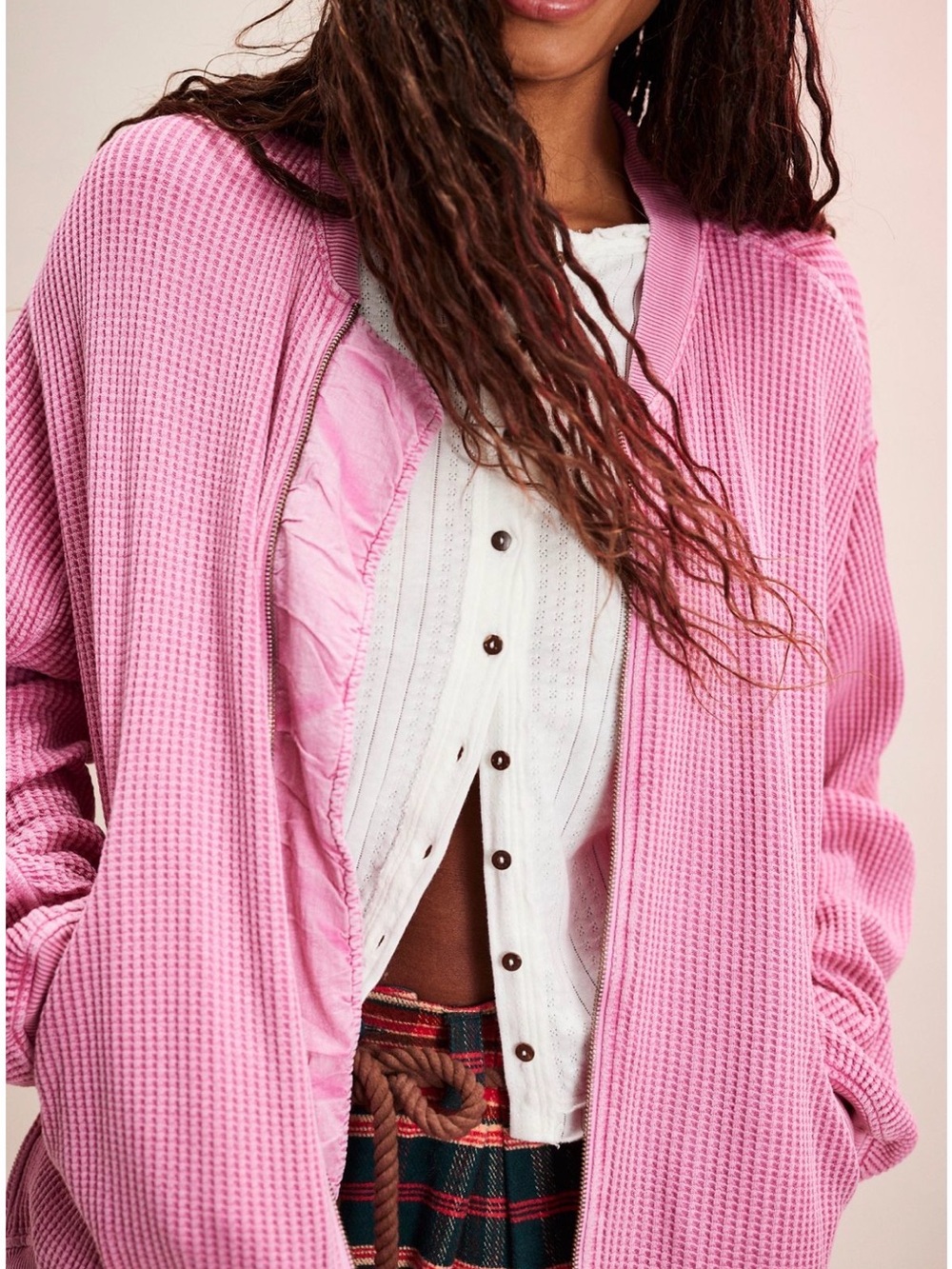 Free People Pink Waffle-Knit Open Cardi